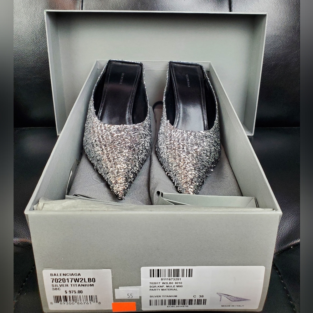 Balenciaga Sq Knife Mule Heels Silzer Sz38 Brand New - Picture 12 of 13